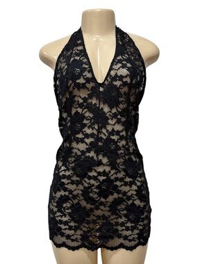 Victoria’s Secret Sheer Floral Lace Halter Mini Chemise Dress Plunging Neckline